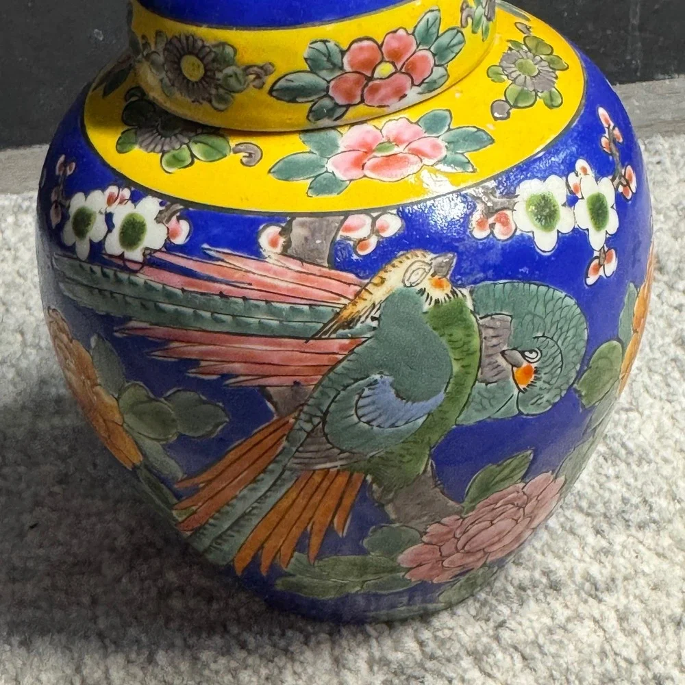 Vintage Made in Japan‎ Ginger Jar Cobalt Blue Yellow Parrot Cherry Blossom 6.5